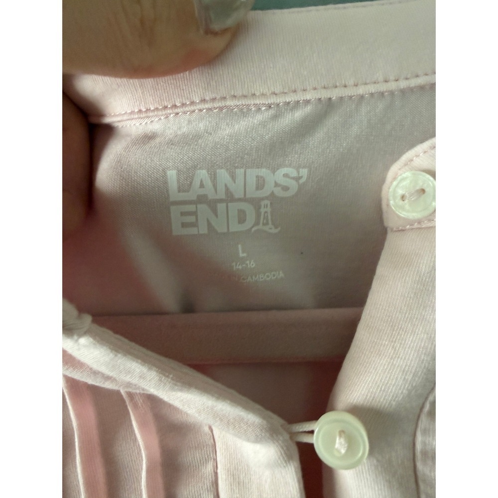 Lands End Womens Pink Pintuck Pleated Henley Short Sleeve Top Size L 14-16 - Picture 3 of 6